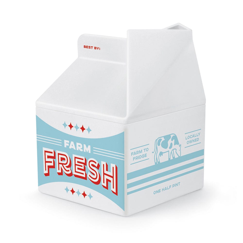 A plastic milk carton with light blue and red designs. Say's "Farm Fresh"